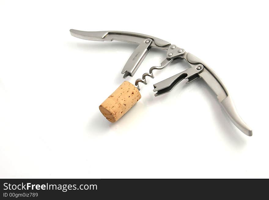 Cork and elegant corkscrew on white background