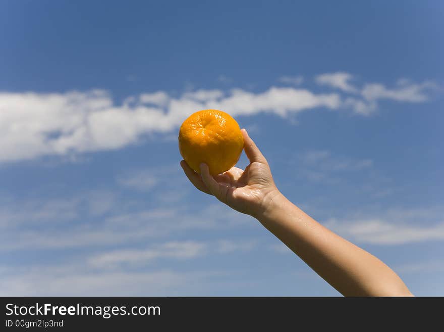 Hand keeps orange on background sky