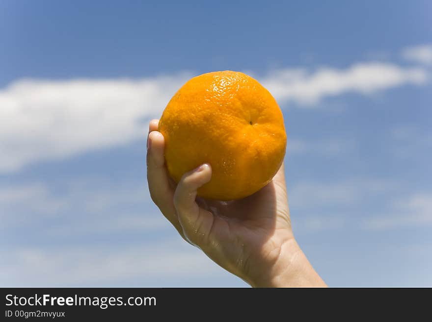 Hand keeps orange on background sky