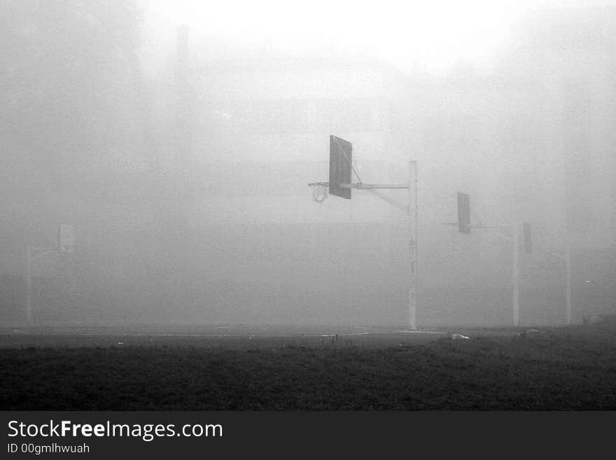 Basketball court in fog