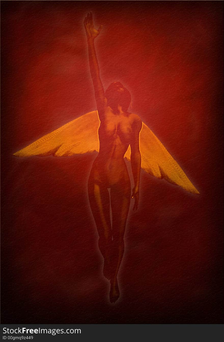 Winged Woman rising on red. Winged Woman rising on red