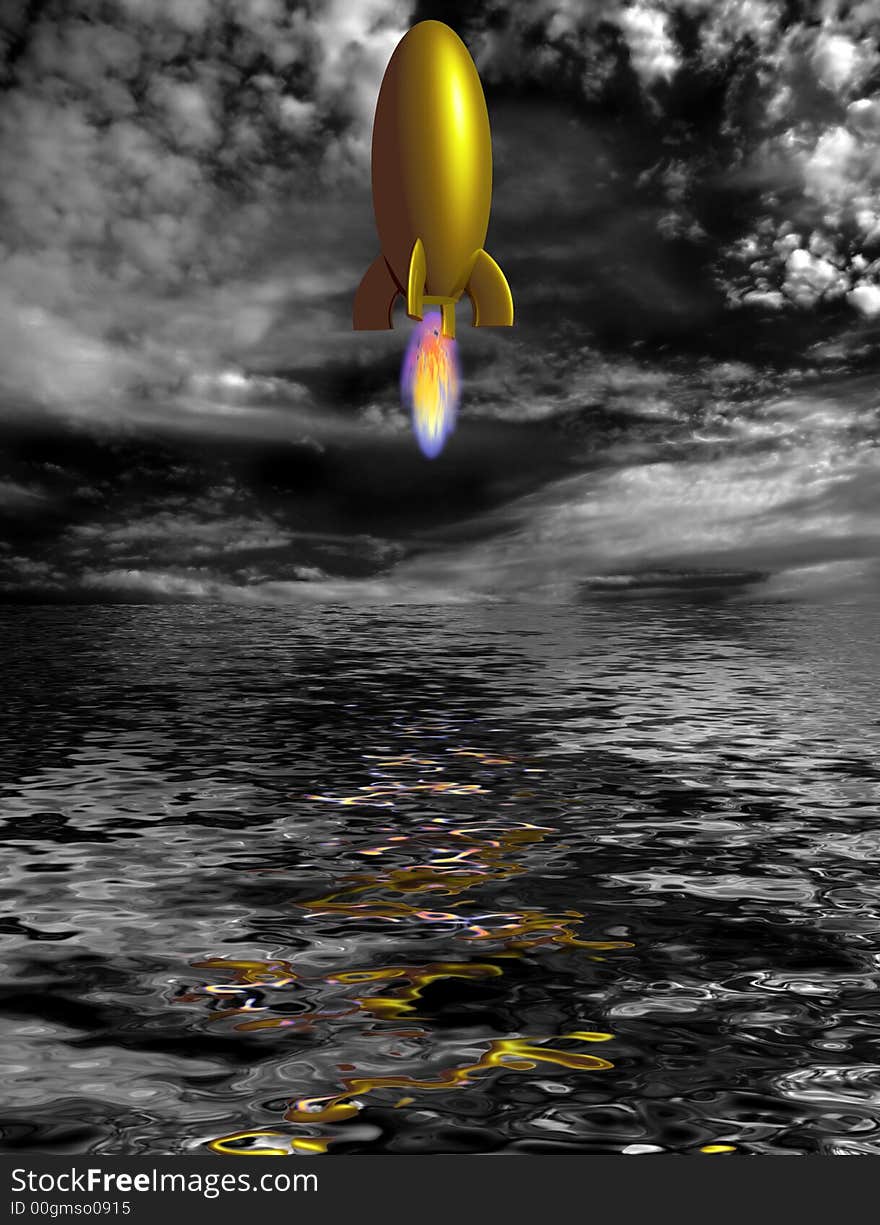 Colorized rocket in black and white landscape