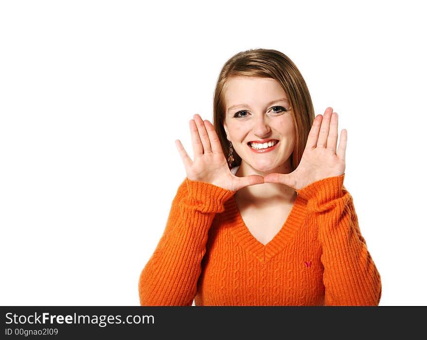 Beautiful and cheerful blond on a white background