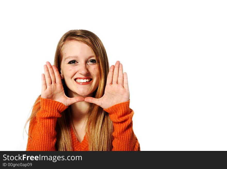 Beautiful and cheerful blond on a white background. Beautiful and cheerful blond on a white background