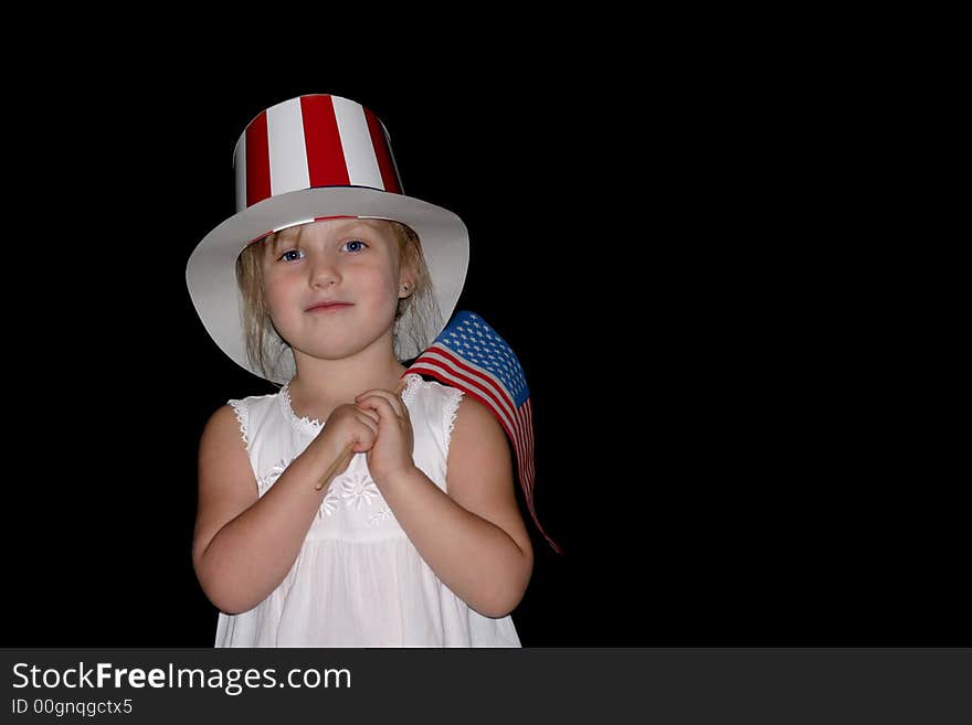 Cute young girl wearing uncle sam hat and holding a usa flag. Cute young girl wearing uncle sam hat and holding a usa flag.