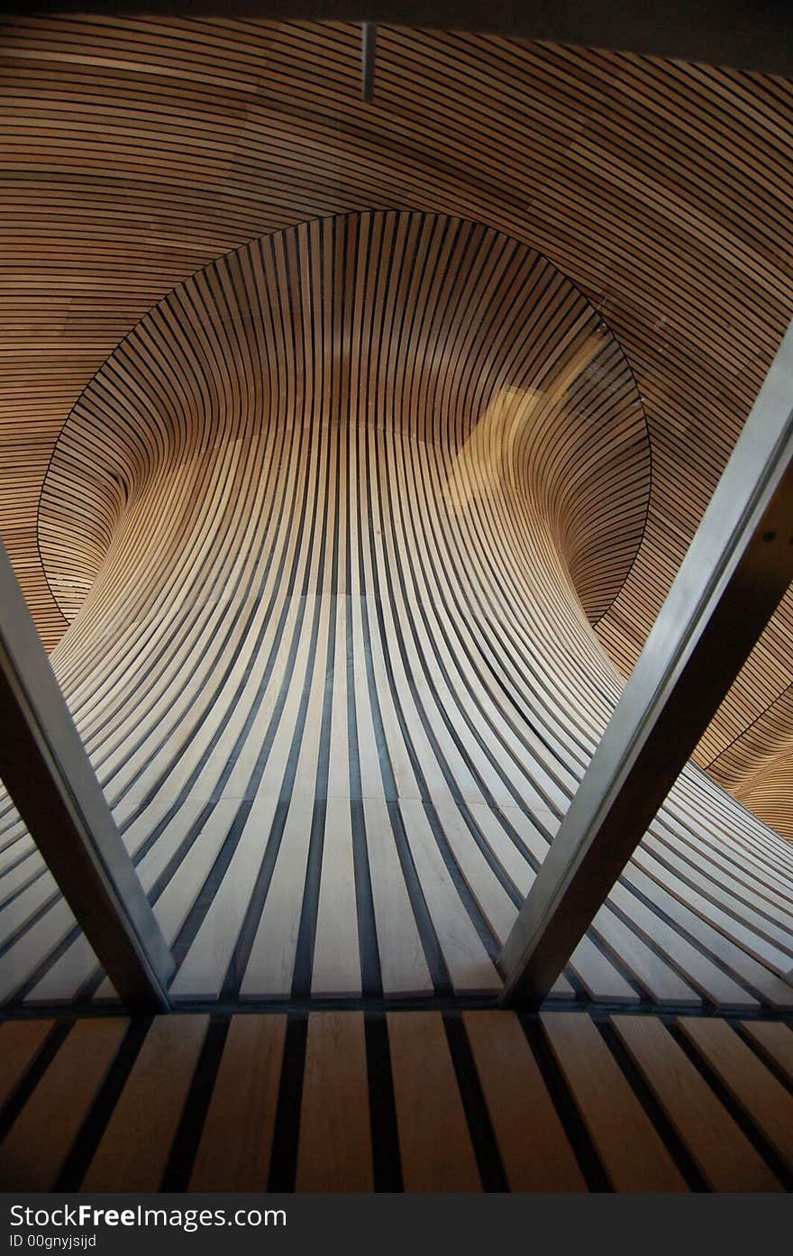 Ceiling made from strips of bent wood. Ceiling made from strips of bent wood