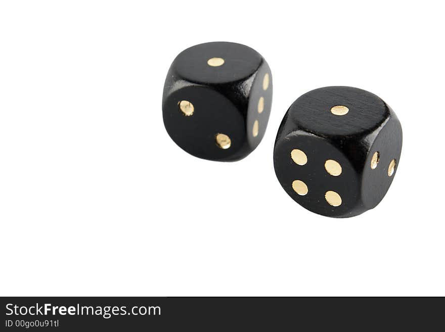 Couple of black plastic dice isolated on white