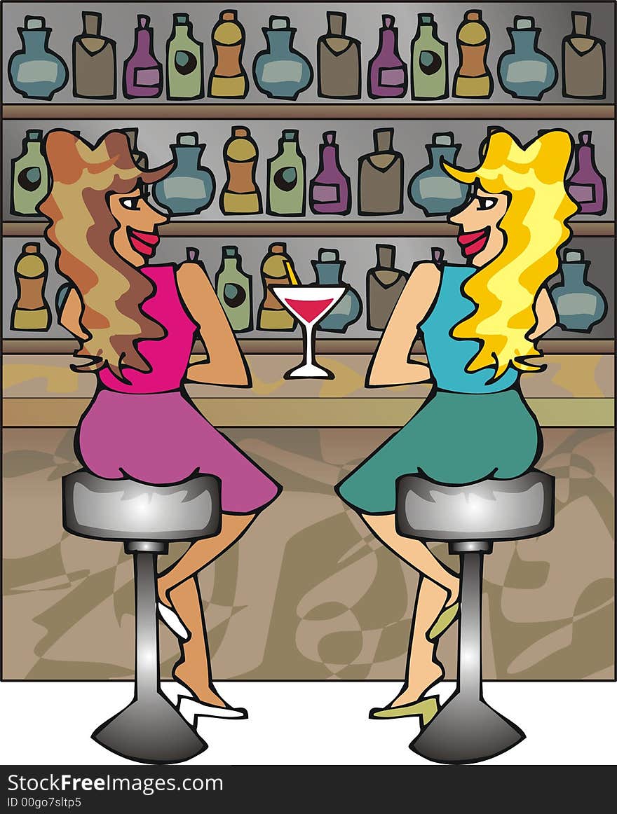 Art illustration: scene of a bar with two girls