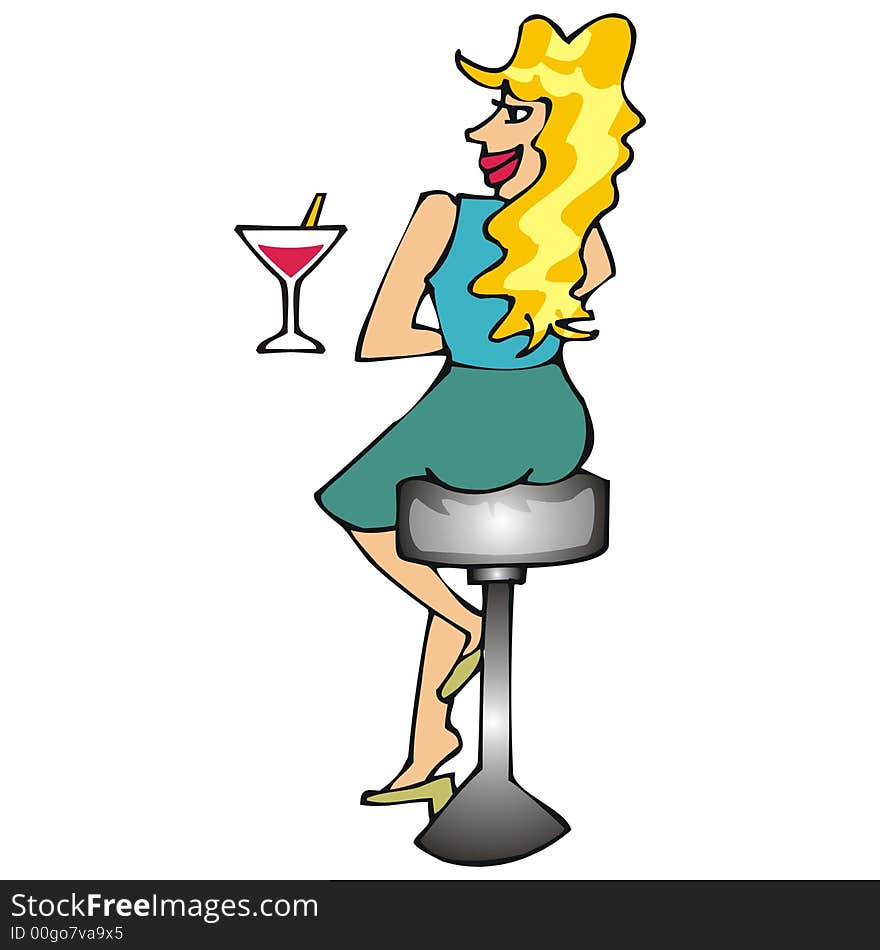 Art illustration: girl seated in a bar