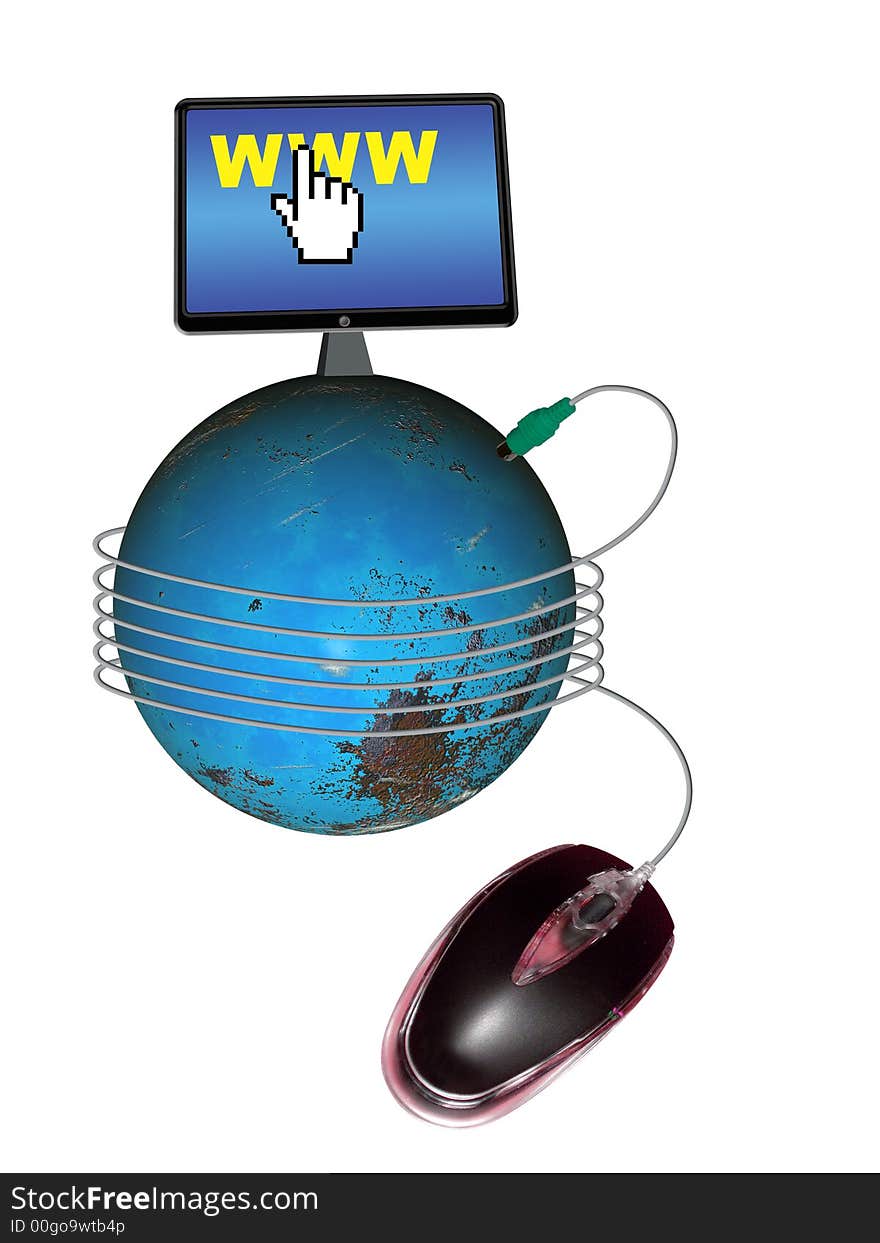 Mouse connect to the global with computer screen. Mouse connect to the global with computer screen