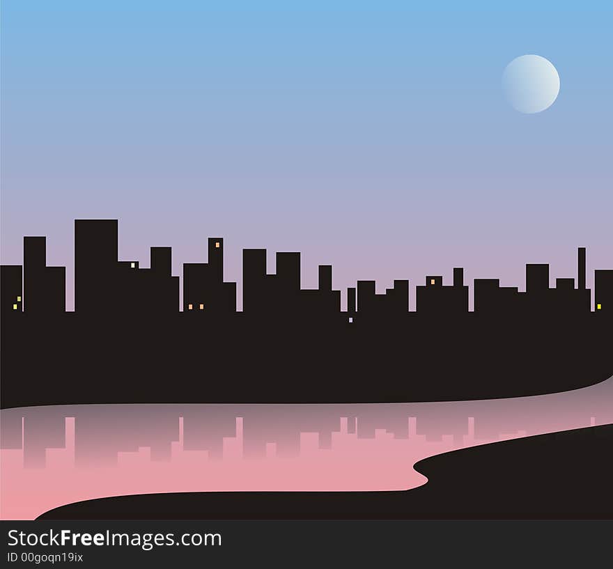 Illustration in the form of the city drawn by a black silhouette, on coast of the river. Houses are reflected in the river in a view of beams of the ascending sun and the going out moon. The background of figure is executed in gradation from blue to pink. Illustration in the form of the city drawn by a black silhouette, on coast of the river. Houses are reflected in the river in a view of beams of the ascending sun and the going out moon. The background of figure is executed in gradation from blue to pink.