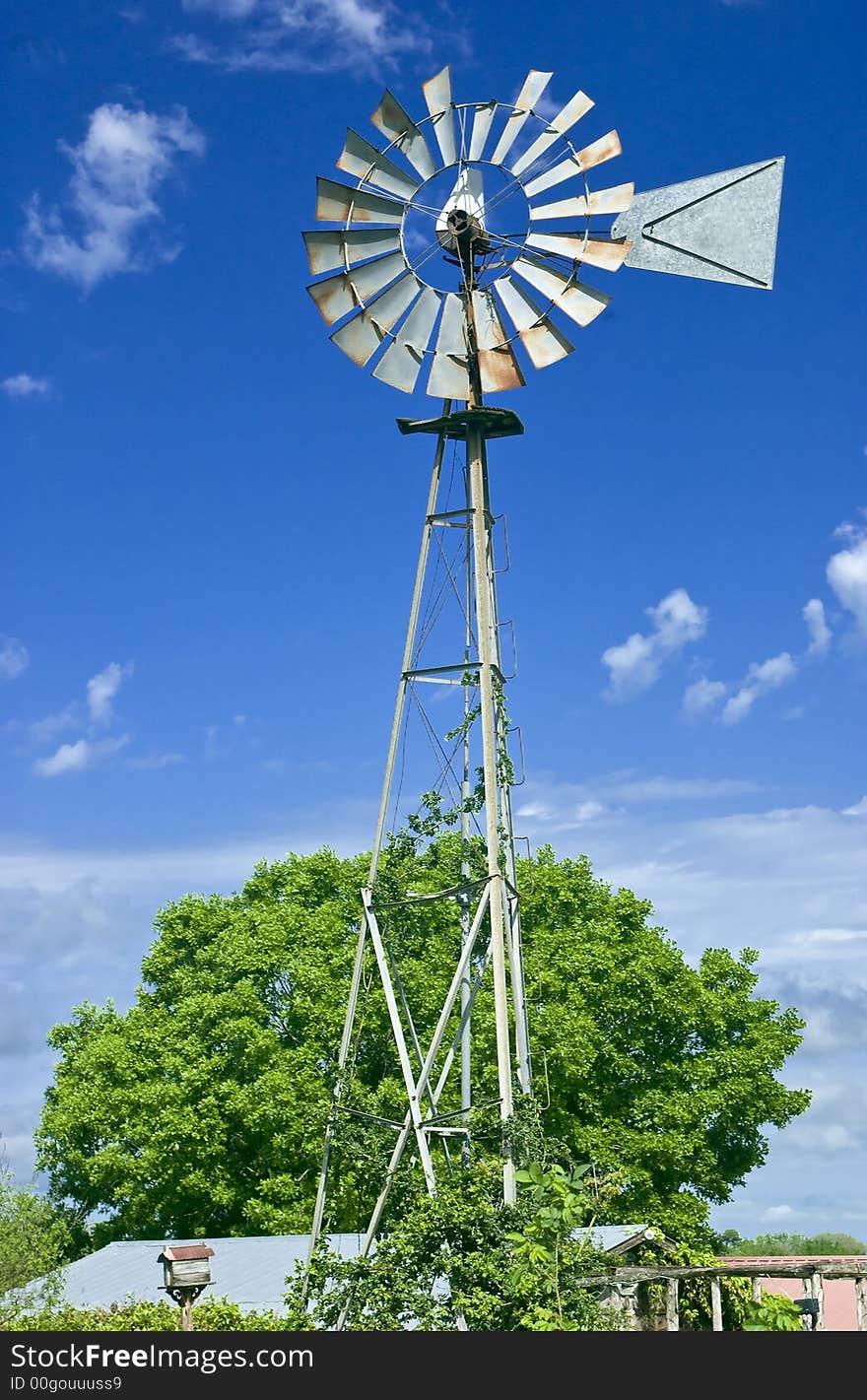 An old windmill with vines growing up the base taken against a bright blue sky.