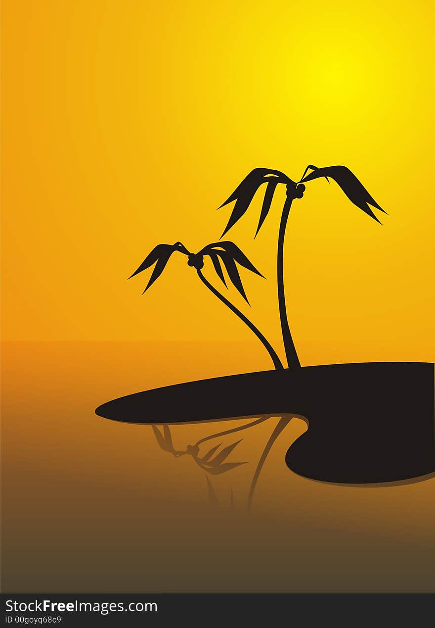 Illustration of two palm tree on the island, reflected in water. The image in the form of a black silhouette on an orange background. It can be used as a background or a composition. Illustration of two palm tree on the island, reflected in water. The image in the form of a black silhouette on an orange background. It can be used as a background or a composition