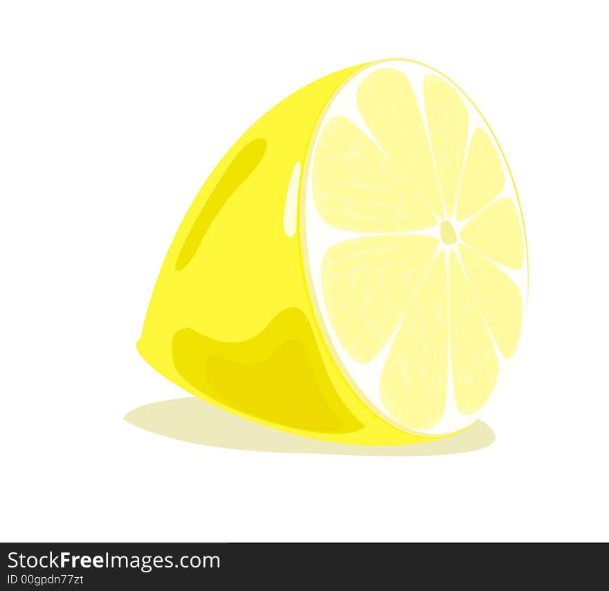 The stylized figure of a yellow lemon with a shadow on a white surface. It can be used as a background or a part of a composition