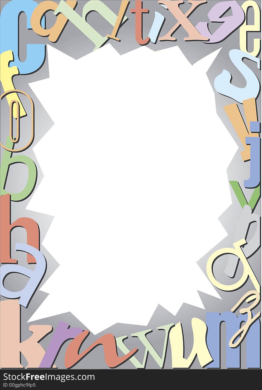 A useful frame of colored letters in different typefaces and a white frame in the middle to fill with advertisement, text etc. This file is also available as Illustrator-File. A useful frame of colored letters in different typefaces and a white frame in the middle to fill with advertisement, text etc. This file is also available as Illustrator-File