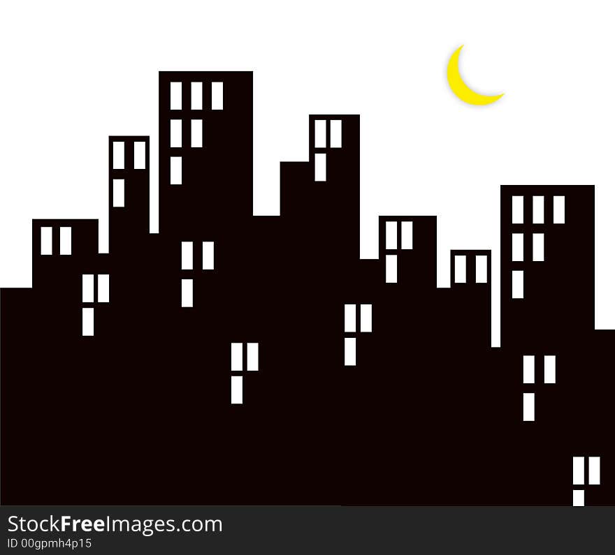 Illustration of city at night with moon. Illustration of city at night with moon.