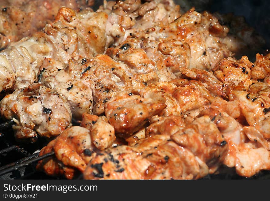 Grilled meat, chicken and pork close- up