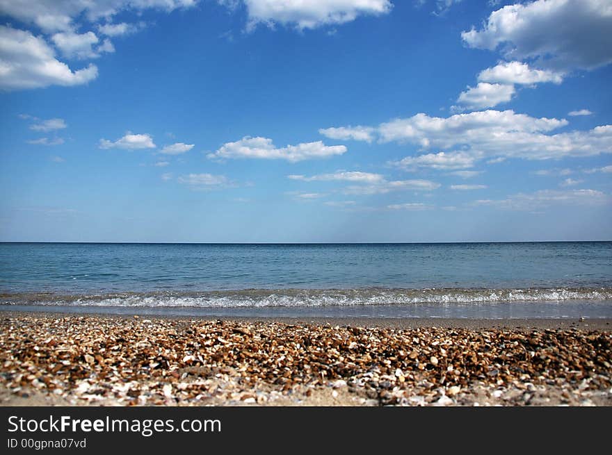 Beach with shells and clouds. Beach with shells and clouds