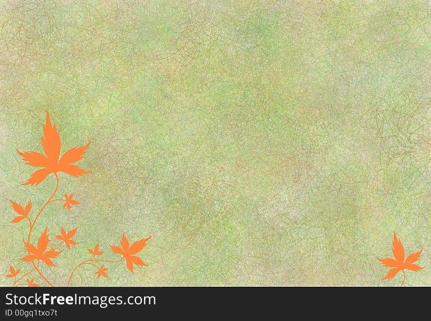 Abstract yellow-green wavy background with orange leaves. Abstract yellow-green wavy background with orange leaves