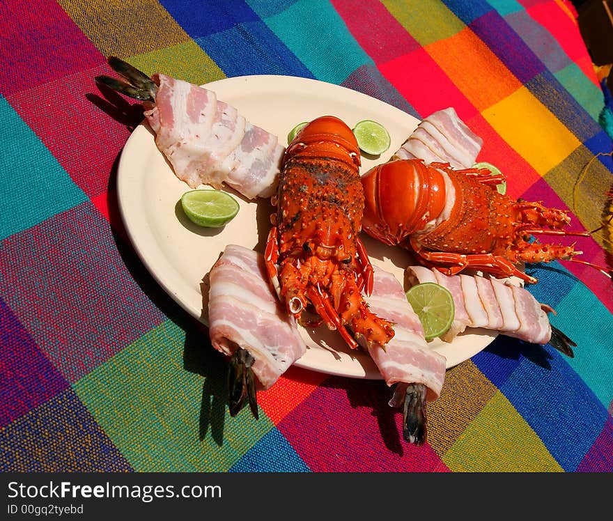 A nice seafood platter on a colorful tablecloth. A nice seafood platter on a colorful tablecloth