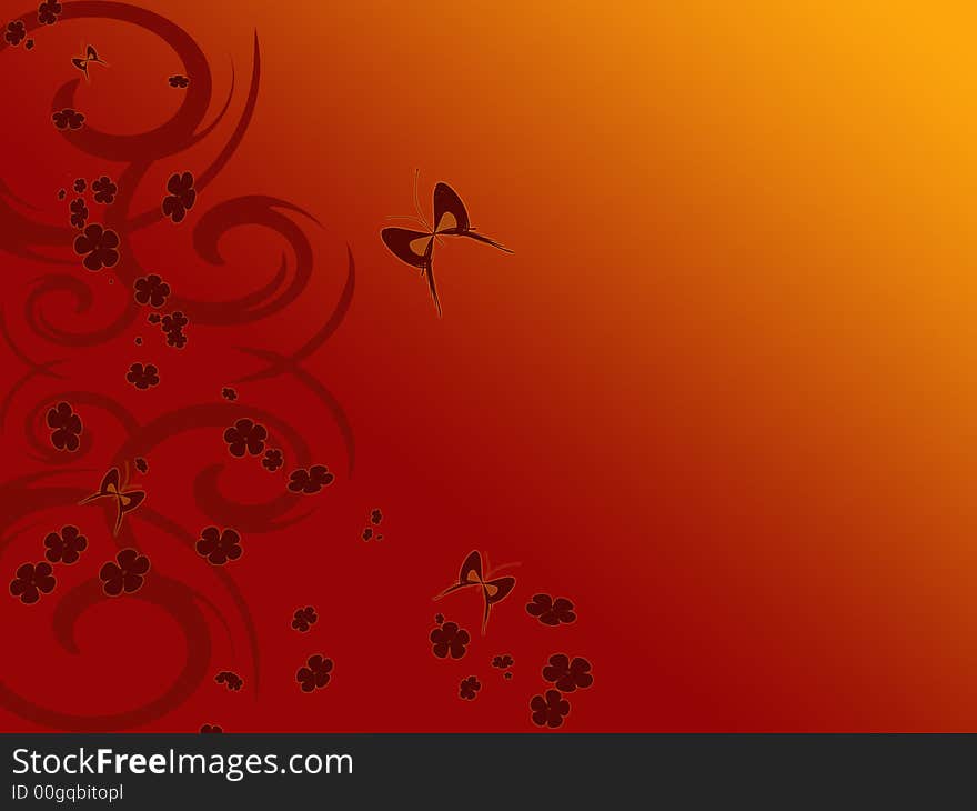 Abstract red background with flowers and butterflies. Abstract red background with flowers and butterflies