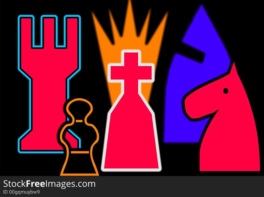 Various chess pieces king queen rook pawn knight bishop form an abstract design. Various chess pieces king queen rook pawn knight bishop form an abstract design