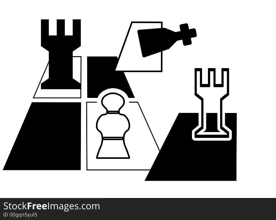 Various chess pieces king queen rook pawn knight bishop form an abstract design. Various chess pieces king queen rook pawn knight bishop form an abstract design