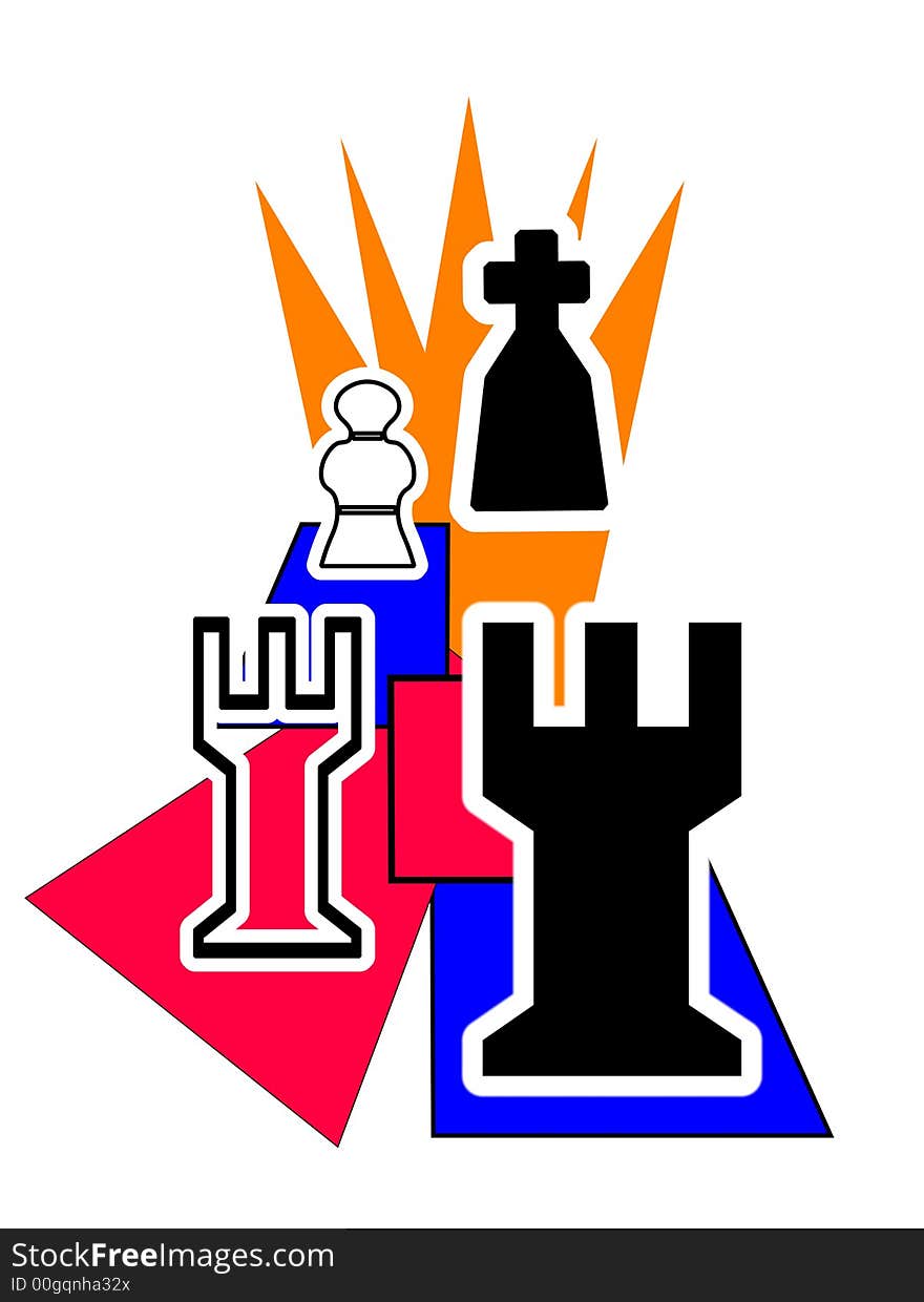 Various chess pieces king queen rook pawn knight bishop form an abstract design. Various chess pieces king queen rook pawn knight bishop form an abstract design