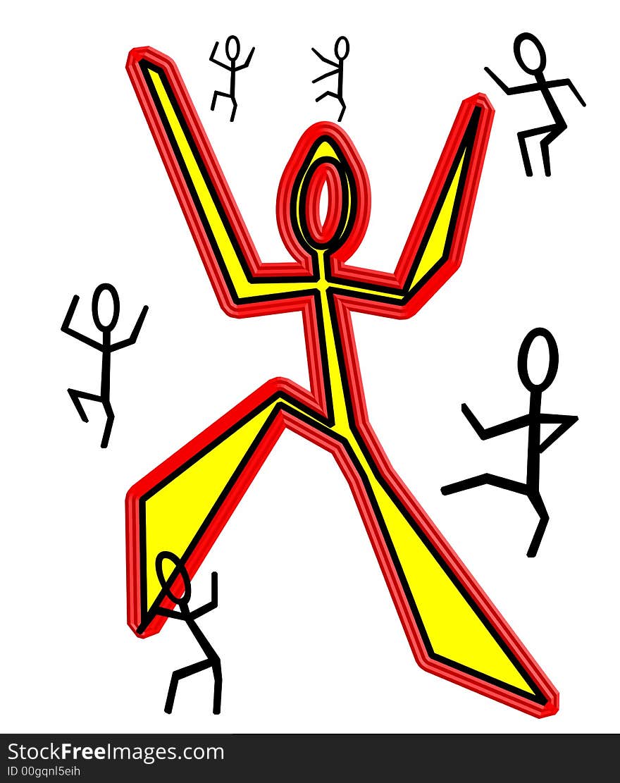 Brightly colored stick figures dancing in a happy, joyfull and uninhibited manner. Brightly colored stick figures dancing in a happy, joyfull and uninhibited manner