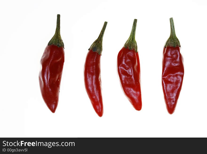 Four red chillies, presented for consumption. Four red chillies, presented for consumption.