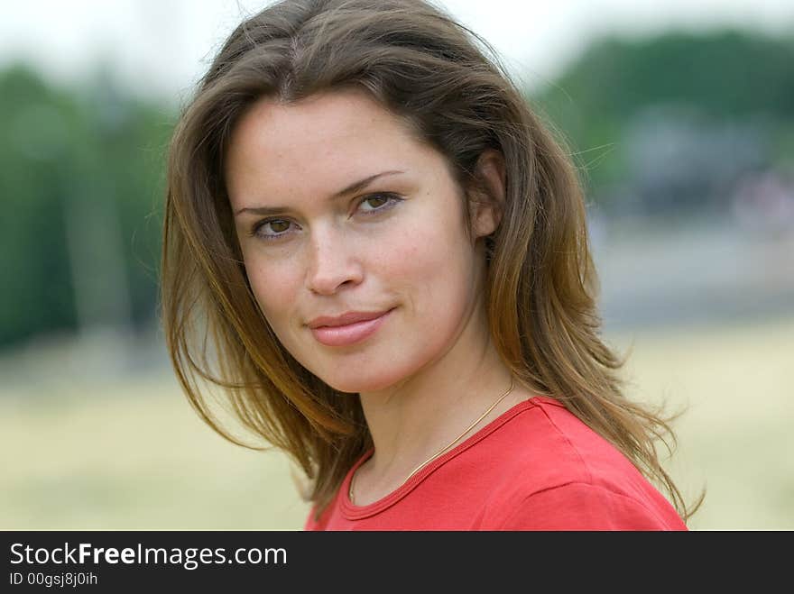 Beautiful woman in red t-shirt