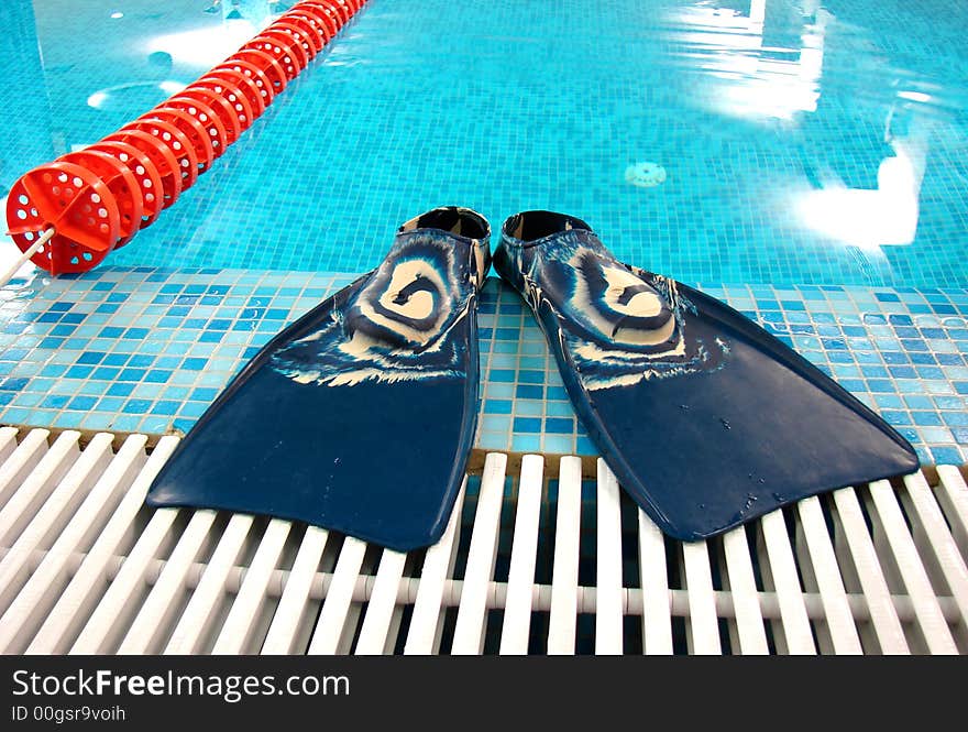 Dark blue flippers near the swimming path in the coast of swimming-pool. Dark blue flippers near the swimming path in the coast of swimming-pool