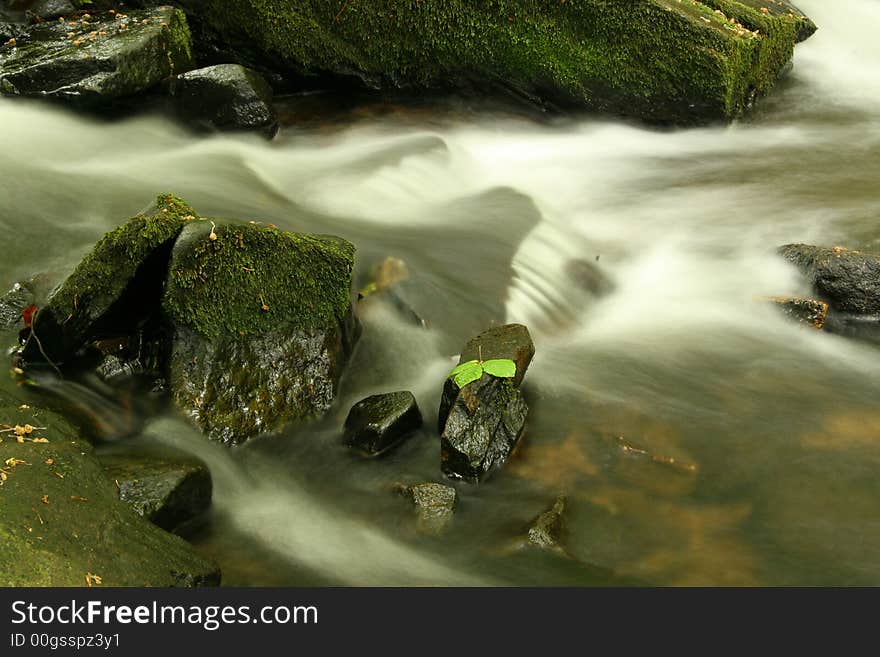 Fast flowing water down a  stream