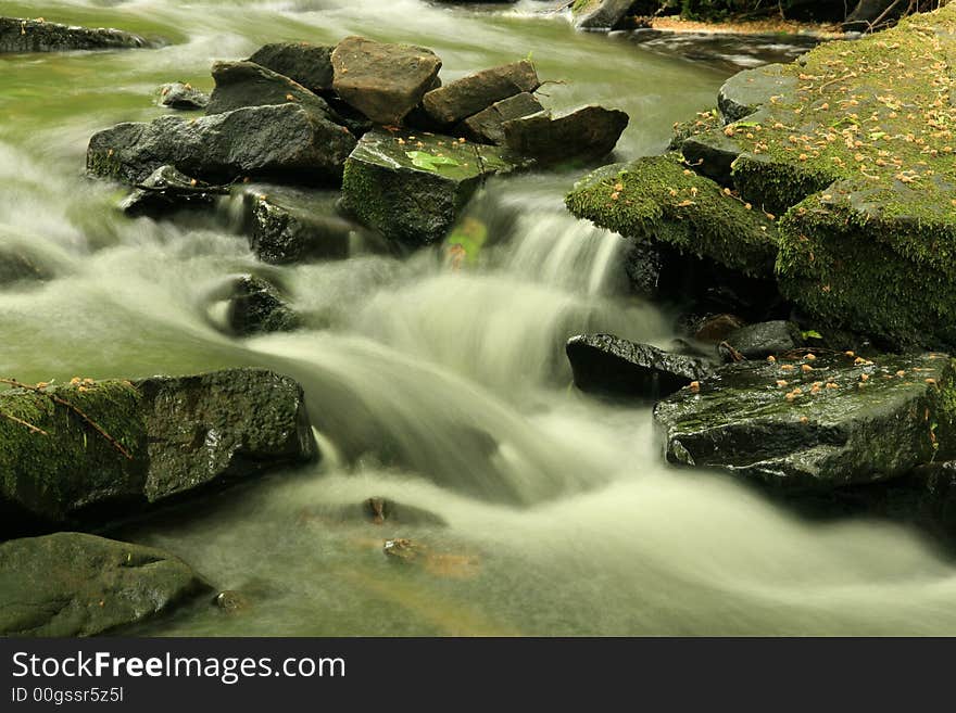 Fast flowing water down a  stream