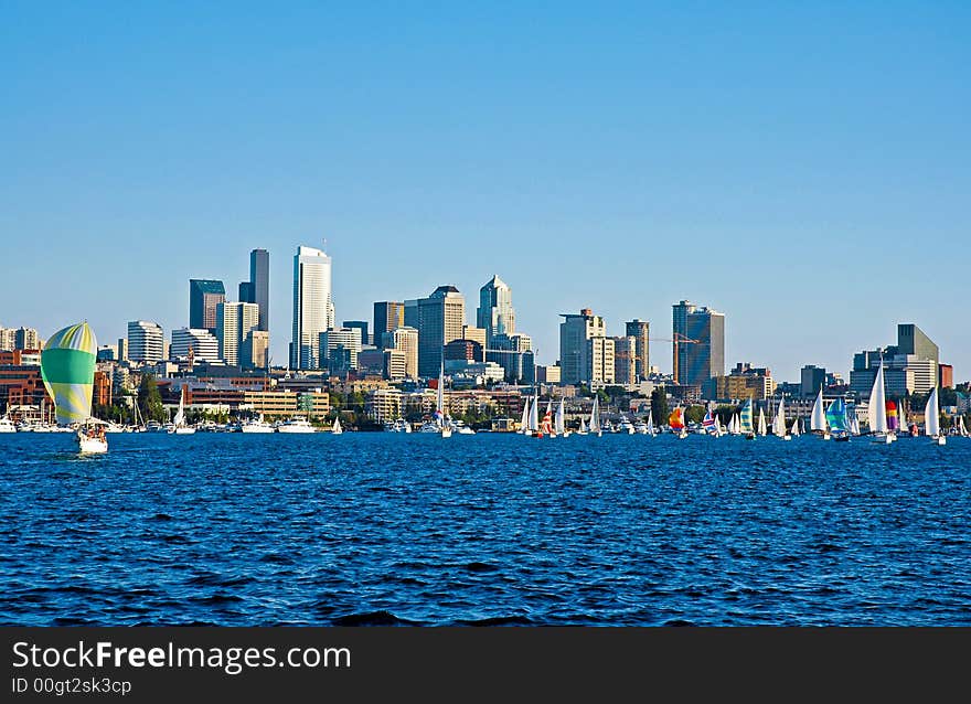 A group of sailboats on Lake Union in Seattle, WA. A group of sailboats on Lake Union in Seattle, WA