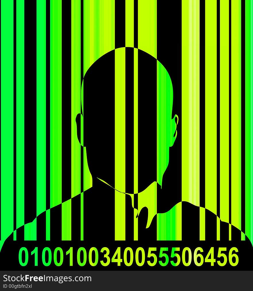 An conceptual image outline of a male with a barcode over him, could represent big brother security state concepts. An conceptual image outline of a male with a barcode over him, could represent big brother security state concepts.