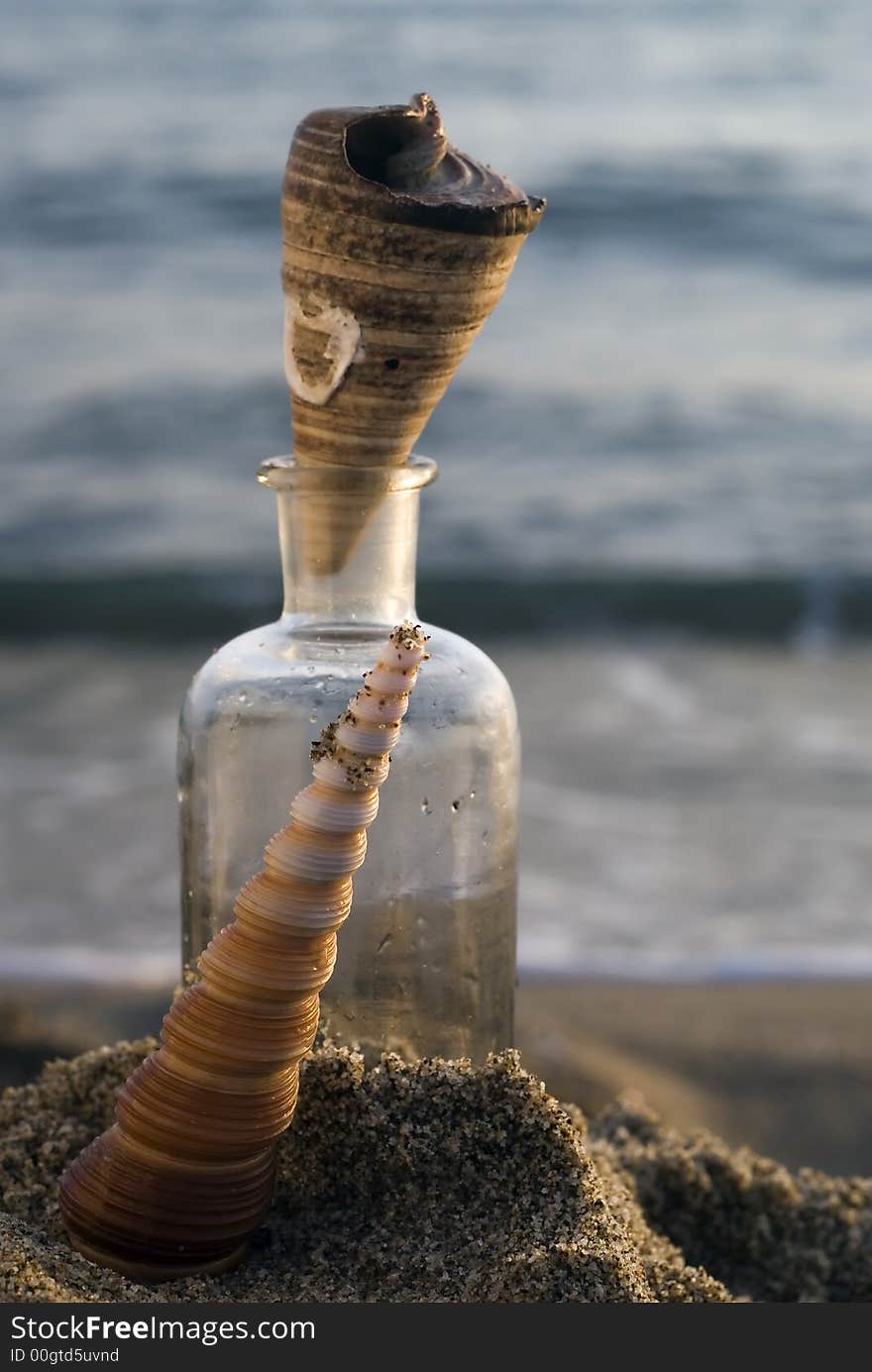 Summer composition with a glass bottle and beautiful shell at sunset. Summer composition with a glass bottle and beautiful shell at sunset