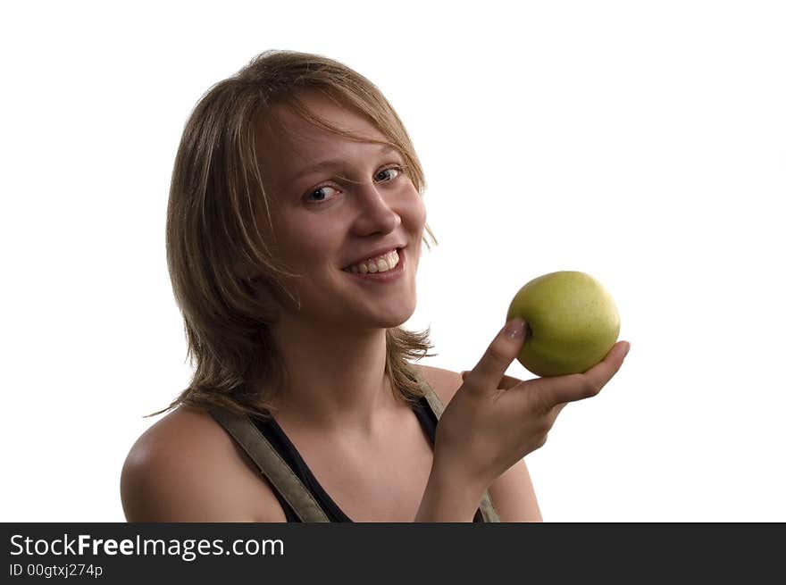 Happy girl with  the apple in hand