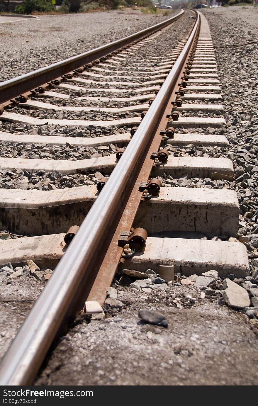 Closeup of railroad tracks leading to horizon. Closeup of railroad tracks leading to horizon.