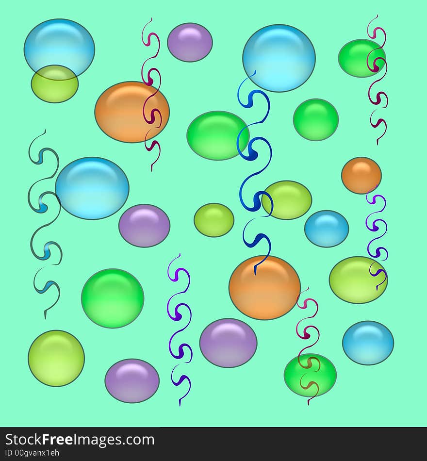 Party balloons and streamers scattered on green background