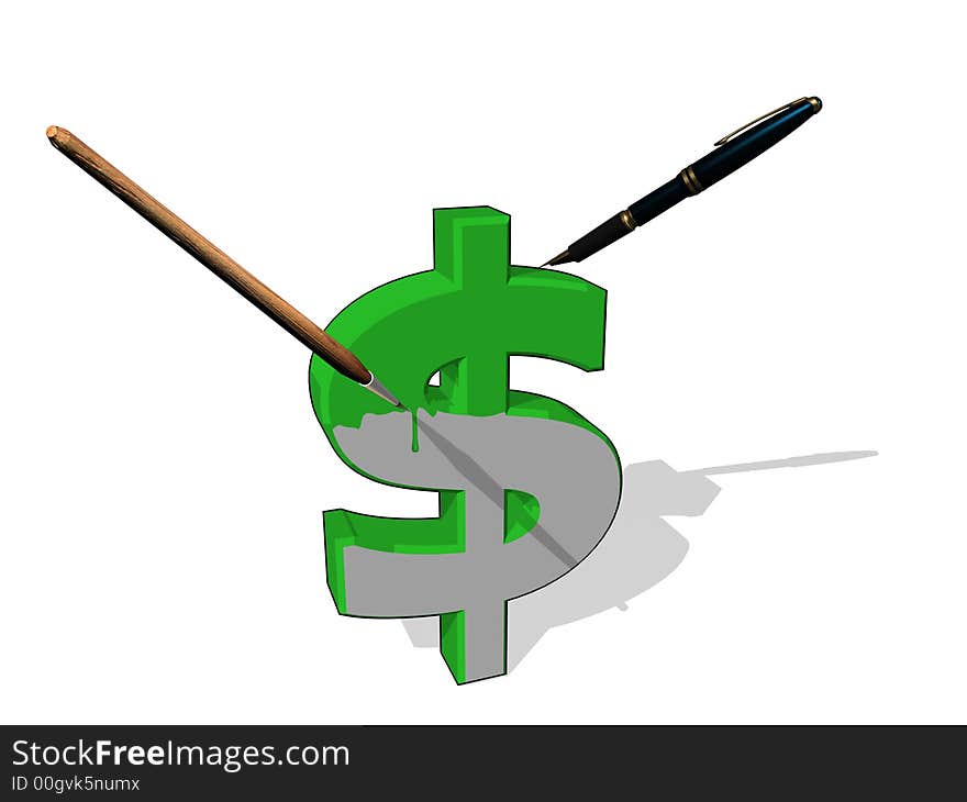 Symbol of a dollar with paintbrush and pen. 3D CG. Symbol of a dollar with paintbrush and pen. 3D CG.