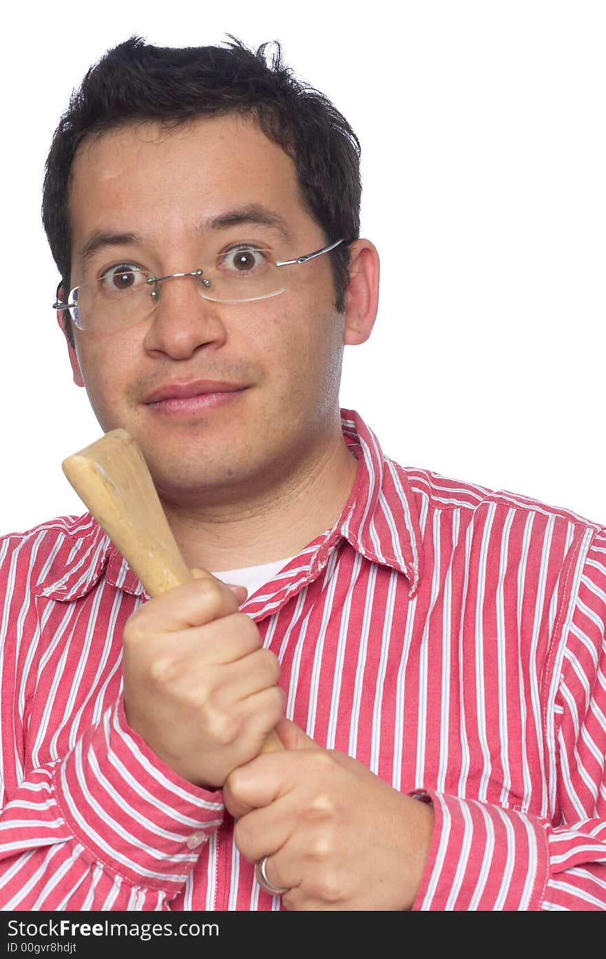 Close up portrait of Latino man against a white background holding the end of an oar - prenteding to hold it for dear life. Close up portrait of Latino man against a white background holding the end of an oar - prenteding to hold it for dear life.