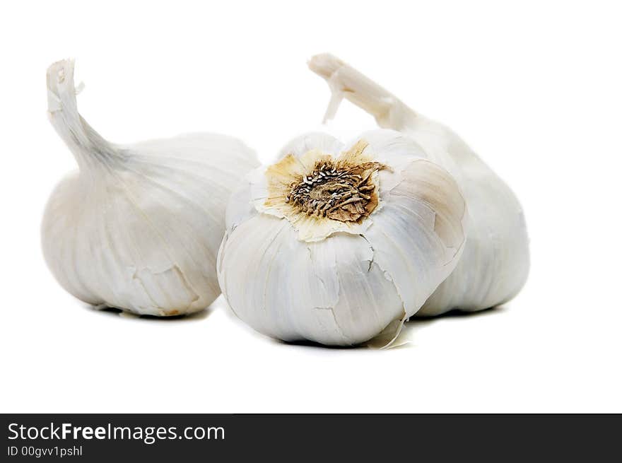 Three garlic bulbs showing the base or root area on a white background