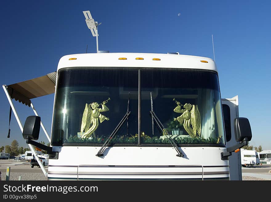 Christmas decorations in the front window of a motorhome in Arizona. Christmas decorations in the front window of a motorhome in Arizona.