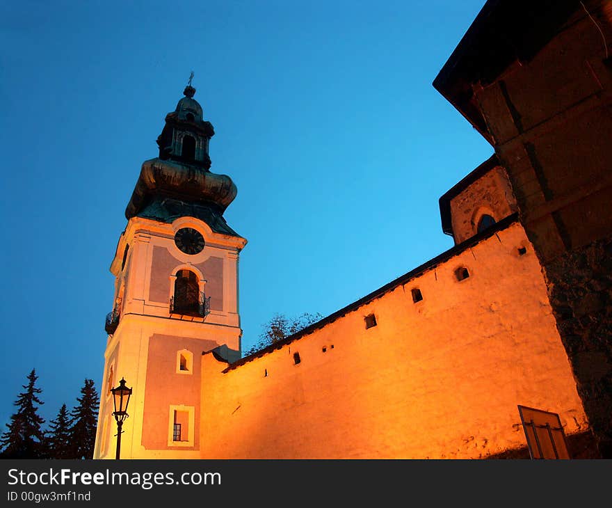 The castle of Banská Štiavnica in Slovakia at night. The castle of Banská Štiavnica in Slovakia at night