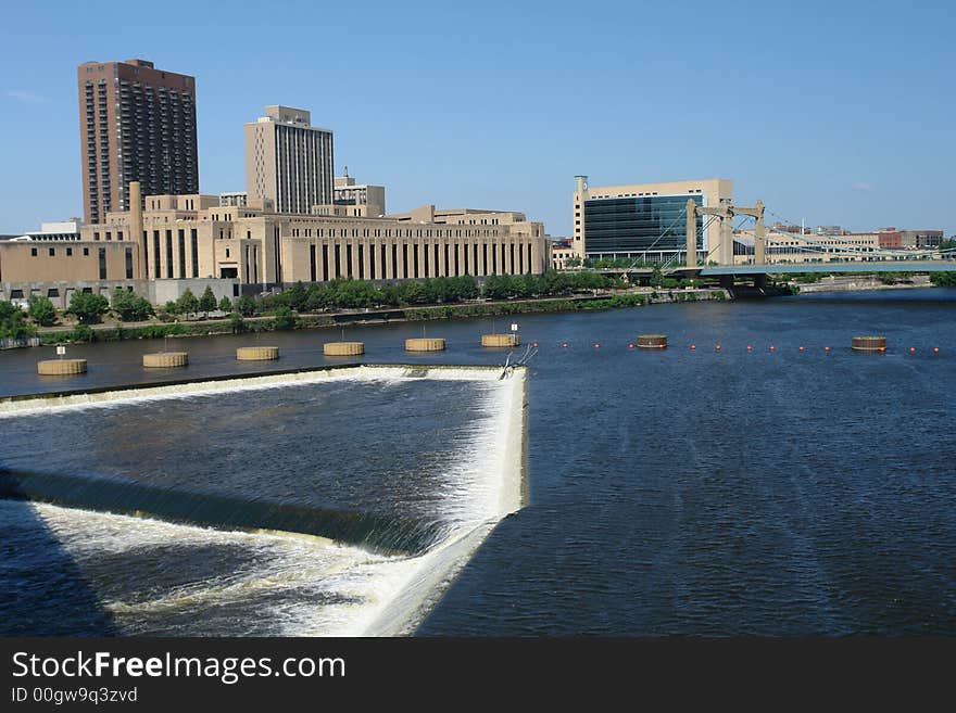 A picture of Minneapolis waterpower in the downtown area. A picture of Minneapolis waterpower in the downtown area