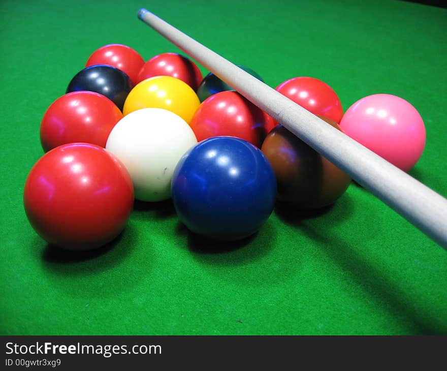 Billiards balls on a green table,billiard table and balls and cue