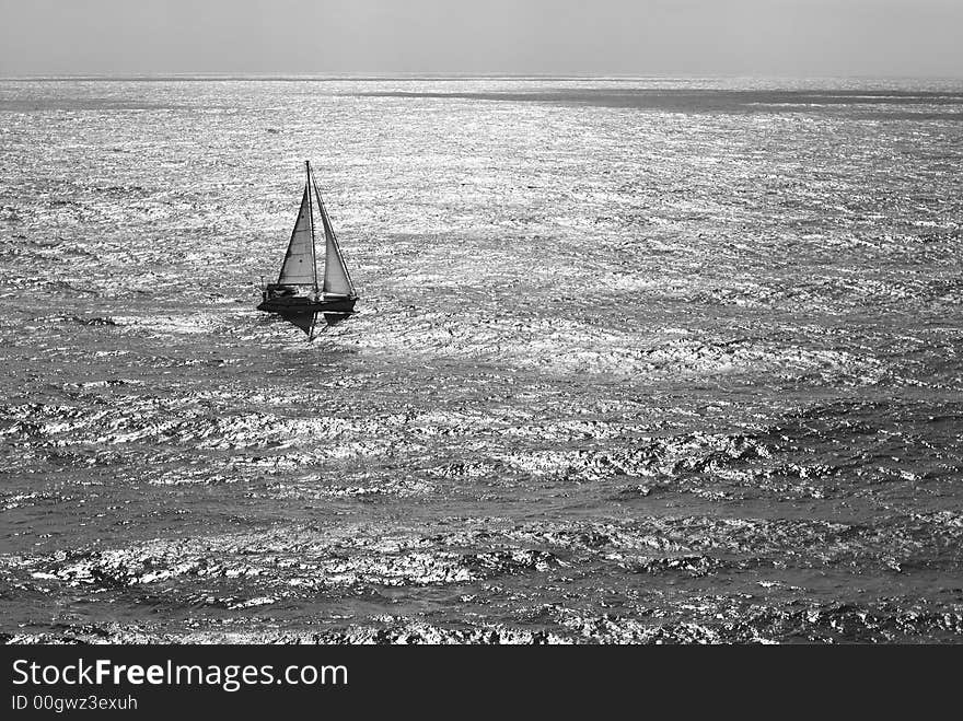 Lonely yacht sailing near San Diego, California.