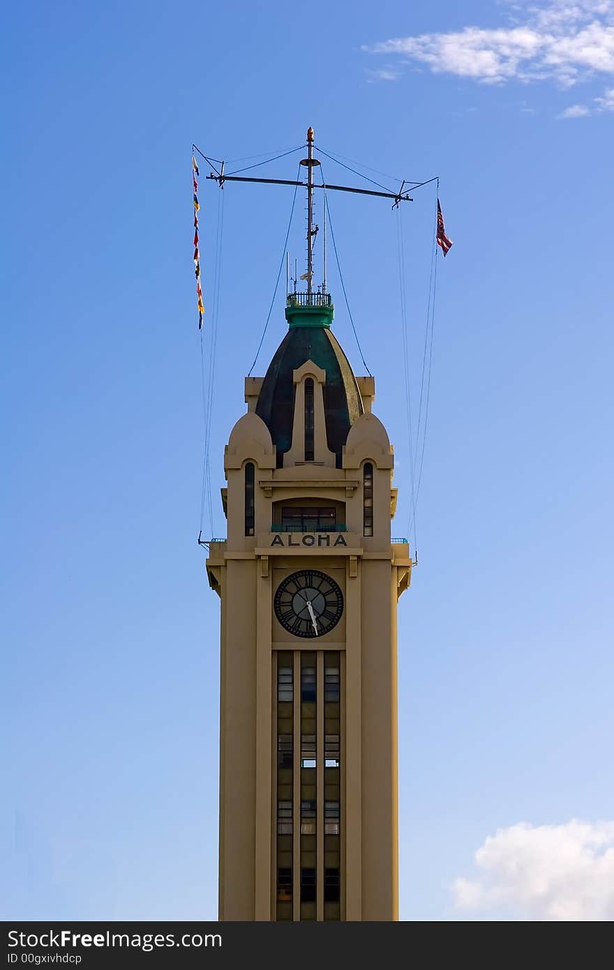 Top of Aloha Tower marking the arrival at Honolulu harbor in Hawaii