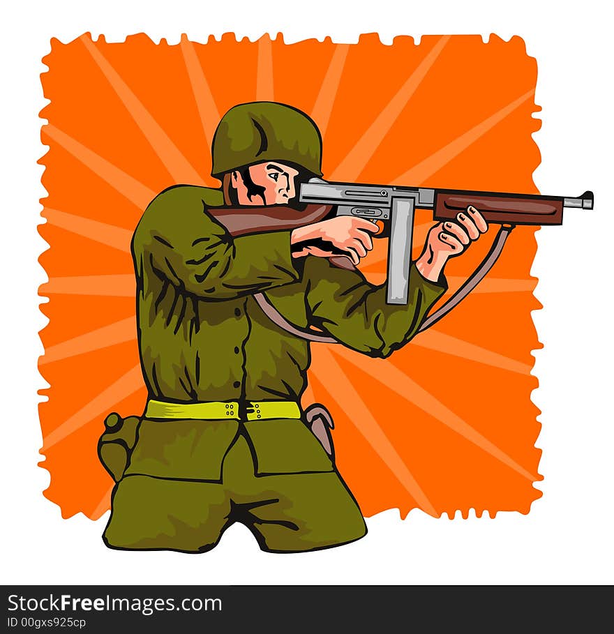 Vector art of a soldier aiming his submachine gun. Vector art of a soldier aiming his submachine gun.